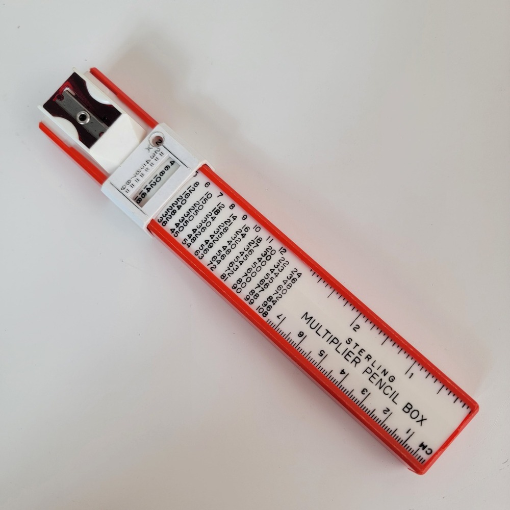 Vintage Sterling Multiplier Pencil Box Red Ruler Sharpener Math